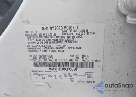 2018 Ford Ecosport S z USA, uszkodzony, nr VIN MAJ3P1RE0JC195360